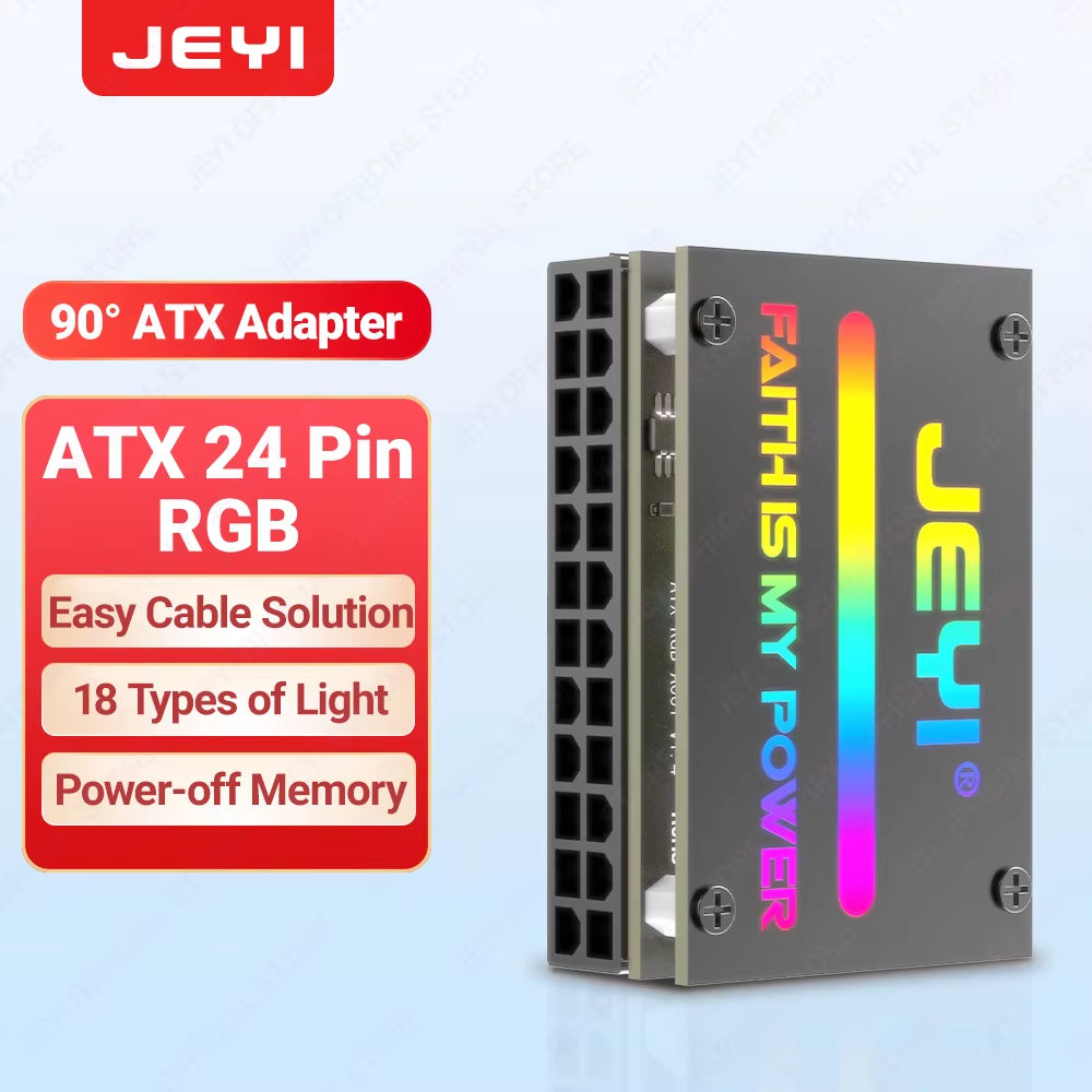 ATX 24Pin 90° RGB Adapter, 18 Light Modes Female to 24Pin Male 90 Degree Motherboard Power Adapter for Desktops PC Supply