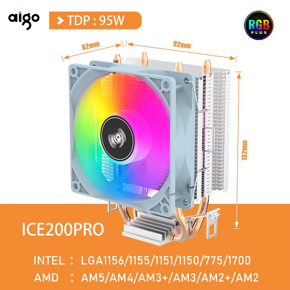 ICE200PRO Air CPU Cooler 2 Heatpipes Radiator Cooling 3PIN PWM Fan Quiet Ventilador for Intel 115X 1200 1700 AM4 AM5 AMD