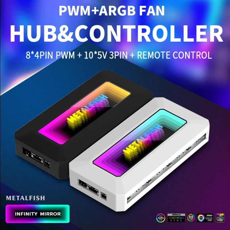 ARGB Fan HUB Splitter with 4Pin PWM for Computer Cooling SYNC CPU Radiator 5V 3Pin LED Light Strip Remote Controller