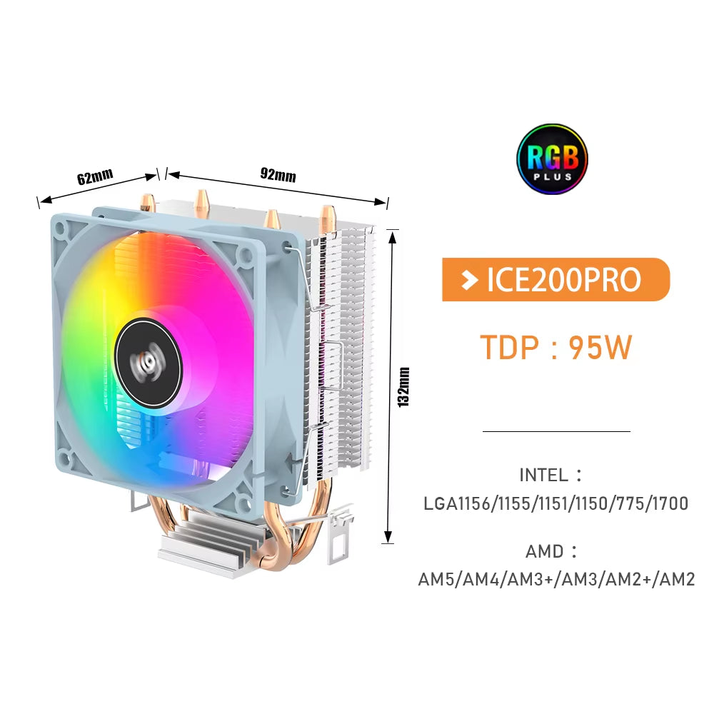 ICE200PRO Air CPU Cooler 2 Heatpipes Radiator Cooling 3PIN PWM Fan Quiet Ventilador for Intel 115X 1200 1700 AM4 AM5 AMD
