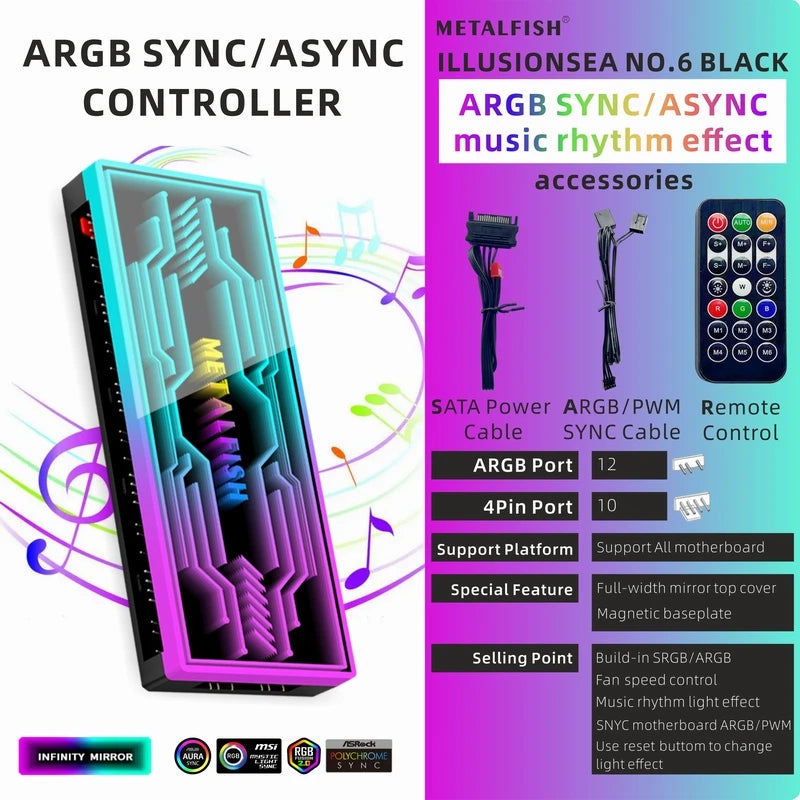 ARGB Fan HUB Splitter with 4Pin PWM for Computer Cooling SYNC CPU Radiator 5V 3Pin LED Light Strip Remote Controller