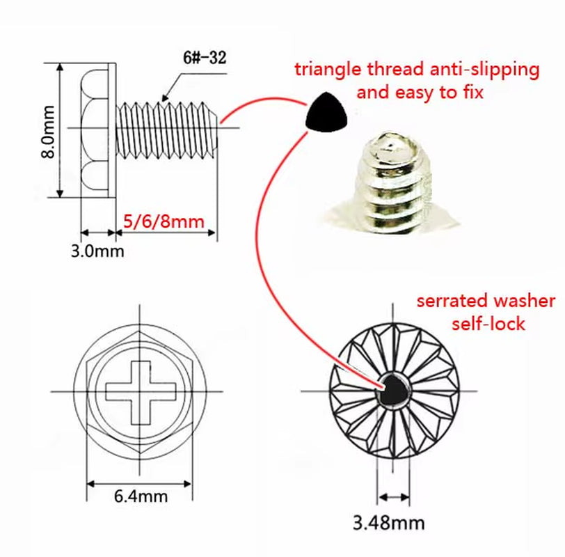 100Pcs Black Silver 6#-32X5/6/8Mm PC Case Power Supply PSU Hard Drive Motherboard Phillips Head Mount Fix Screw DIY Computer B