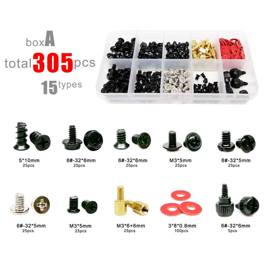305Pcs/Box Computer PC Case Assemble Repair Set Kit Screw Bolt Standoff for Hard Disk Drive Fan Motherboard Power Supply